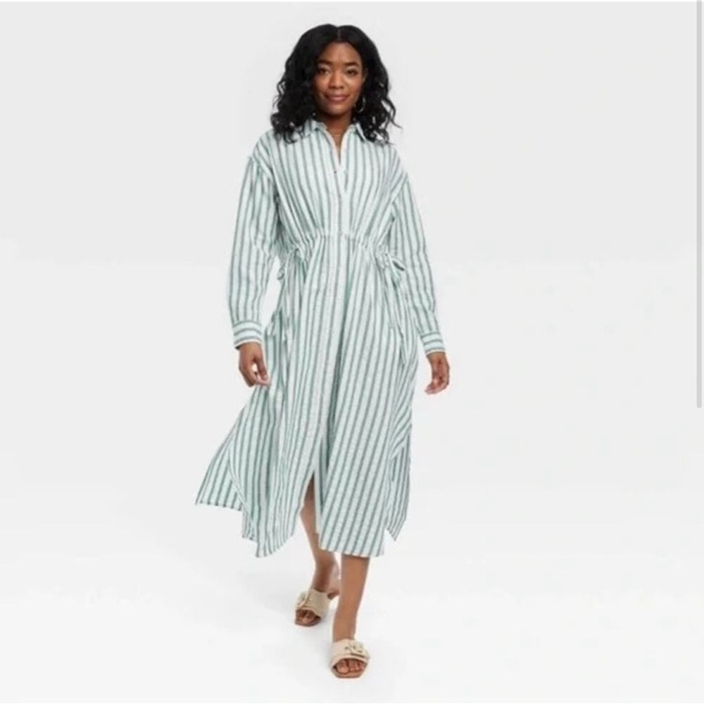 Universal Thread Green and White Striped Long Sleeve Dress